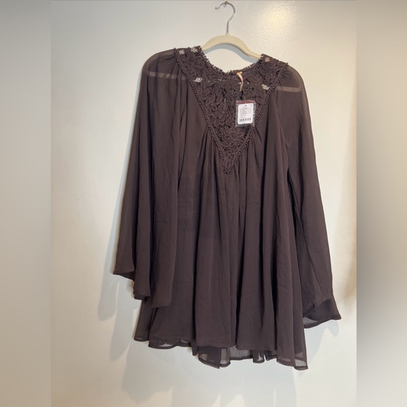 Free People Sunshine Of Love Crochet Neck Sheer Statement Sleeve Mini Dress XS - Picture 4 of 7